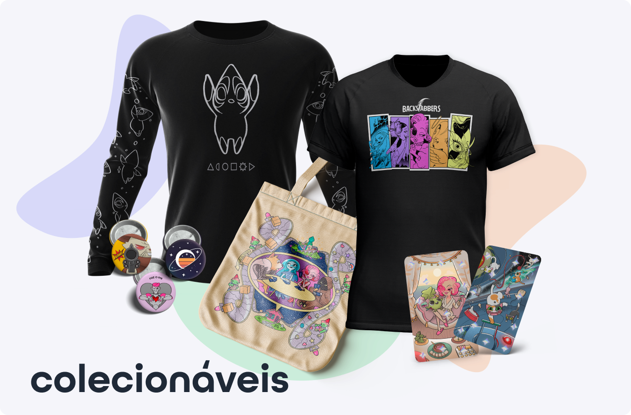 Colecionáveis: bottons, camisetas e ecobags